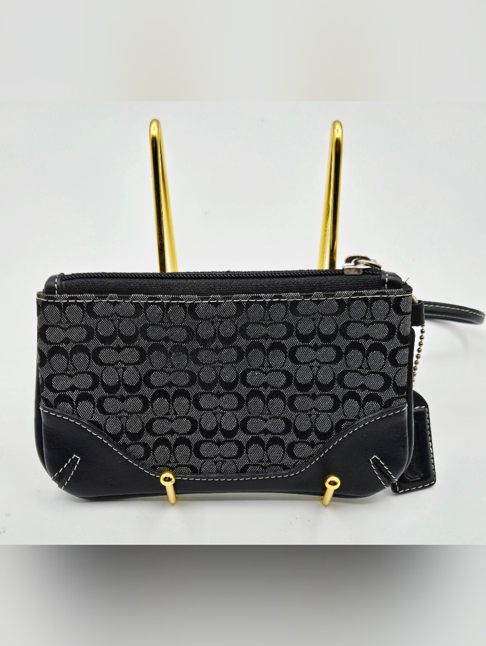COACH Wristlet Signature Mini "C" Jacquard Canvas Genuine Leather Trim Vintage